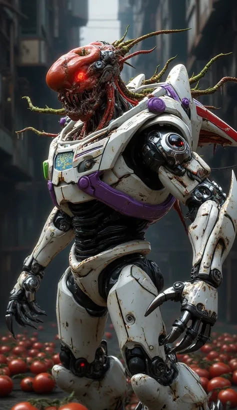 Hyper realistic image. High quality, 8K Ultra HD. Toy Story's Buzz Lightyear transformed into a cybernetic bio-robotic monster by the Tomato Virus. is flying. His iconic spacesuit is now a grotesque fusion of infected plant flesh and corroded technology. H...