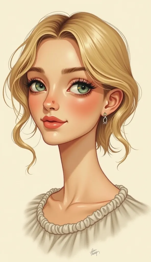 Create a vintage-style drawing, Realistic and the hand with the following text:  Aparência:

 He&#39;s a Man. Has 1.95 tall, is thin, short straight hair and blonde, friendly blue-green eyes, small nose, small ears, delicate and soft hands.

 Personality :...