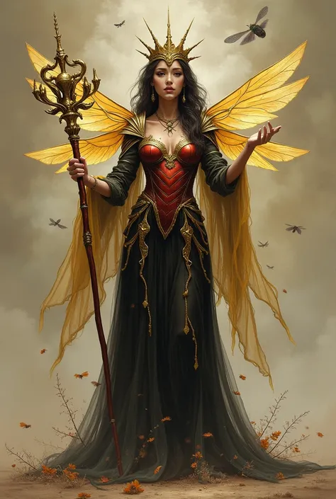 Create a being that would be a mixture of a beautiful woman with a stingless bee with a black abdomen and a reddish chest. She's wearing a crown and holding a staff. And it appears full body in the image. Do it with two pairs of arms 