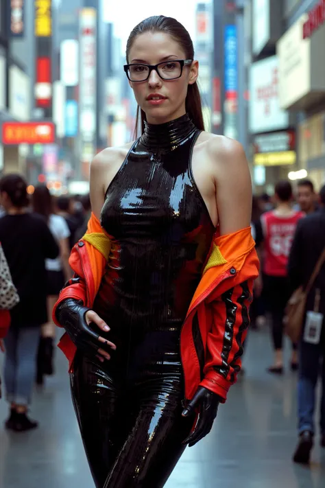  (chyler leigh :2) (wear square black glasses:2) (bodypaint black:2) (plan de corps entier:2) ( Gare de Shibuya ) jeune fille de 25 ans, (melting black slime drips catsuit:2) (elle porte une veste de couleur:2) (ses vêtements sont brillants en latex:2), (e...