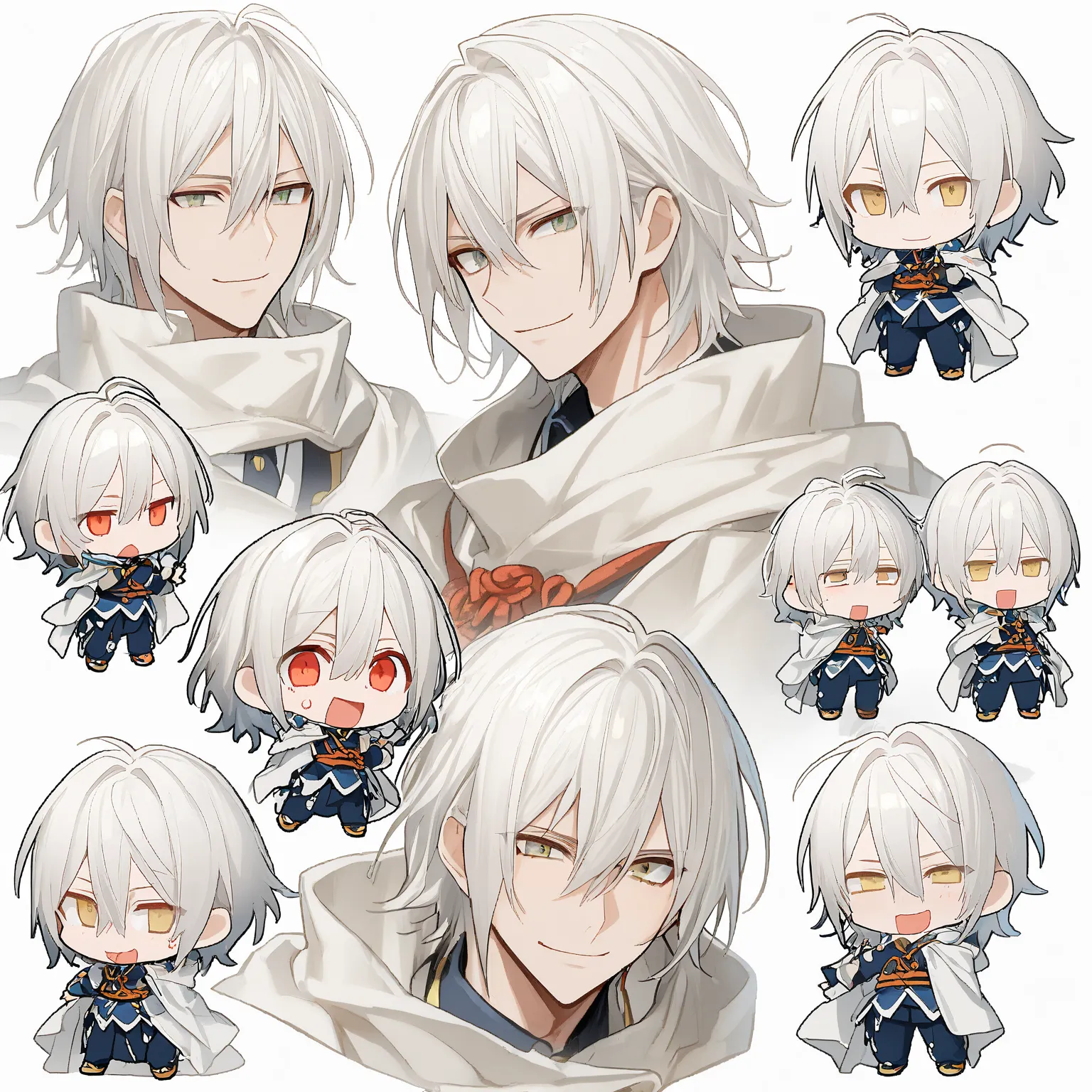 1  boy, yamannbakiri kunihiro (Touken Ranbu), (((chibi))) ,ikemen,full body,(((white hair))),wolf cut hair,spiked hair,yellw eyes, white cloth hood,white cloth cape,fur,Icon, (((Various Expressions))),smile,White Background,