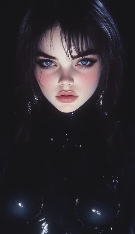 (  digital art)  Realistic painting 4k, beautiful, of a twenty-two-year-old woman, It&#39;s beautiful, black hair, limp, semi collected, piel blanca de porcelana beautiful,  symmetrical face, defined and thin eyebrows, SAPPHIRE BLUE eyes with long curly ey...