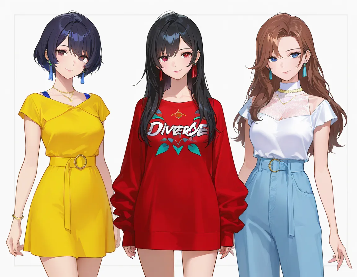 (3 adult girls), anime characters, outfit designs, diverse outfits, upper body character design, outfit design, fashion concept art, cowboy shot,