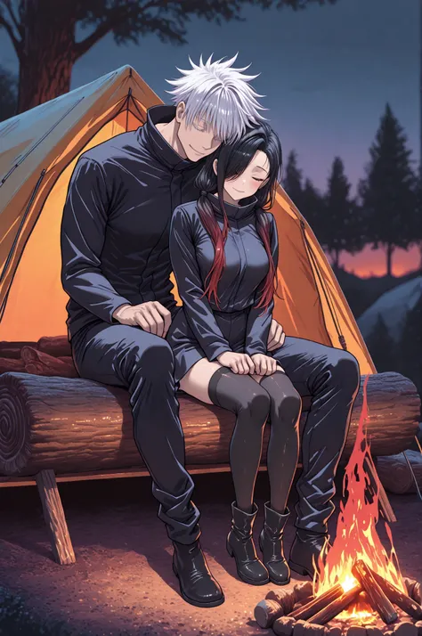 1boy, male focus, gojou satoru, jujutsu kaisen, white hair, short hair, sexy man, handsome, black uniform, matching top and bottom, black footwear, BREAK duo focus, hetero, couple, size difference, height difference, camping, closed eyes sitting, head agai...