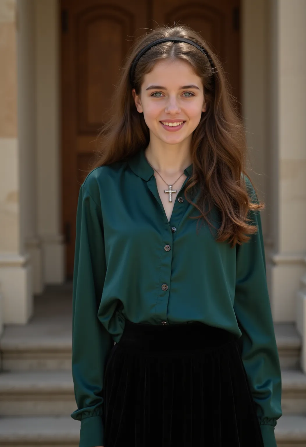 Ultra realistic gorgeous 21-year-old German brunette altar boy ,  beautiful eyes .  long brown hair with wavy hair .     hairband ,  Cross necklace , long shiny dark green satin blouse with buttons and an ankle-length black velvet pleated skirt,   transpar...