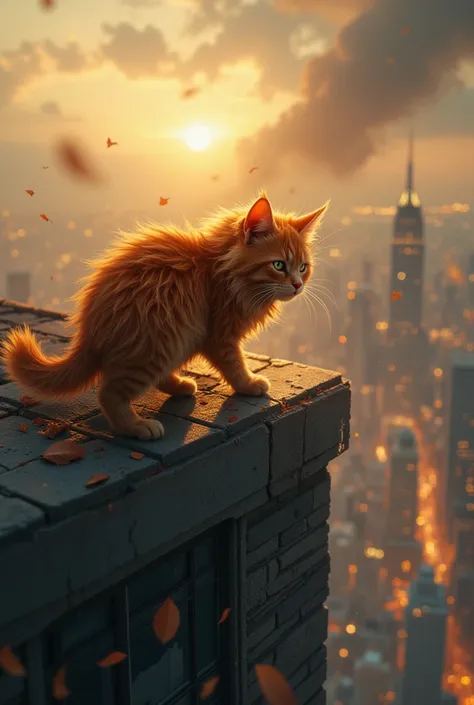 There is a very strong wind blowing.A tousled red cat with long hair walks along the very edge of the skyscraper roof. The wind blows the cat's fur. Leaves, debris and dust are flying around. The lights of the big city are visible below. An atmosphere of d...