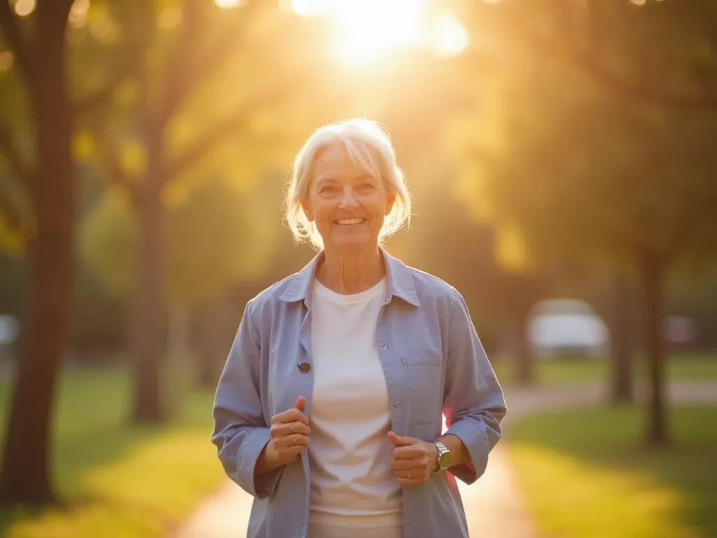 A serene and hopeful scene of a patient walking outdoors in soft sunlight, symbolizing recovery and improved quality of life. The person looks healthy and at ease, with a relaxed posture and a slight smile. The environment is calming, with nature elements ...