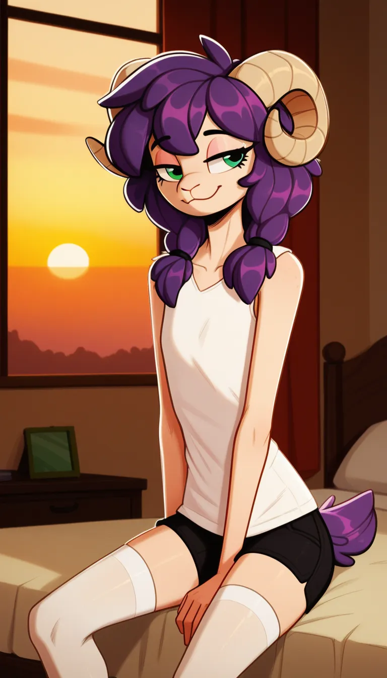  a tired facial expression ,   anthro, woolry, wool, fluffy wool, (ram-guy ), sheep horns, flat chest, green eyes, purple hair,  pigtail hair ,  (19 years old), hips, One, ( bedroom), Sunset,  details, white shirt ( sleeveless shirt), black shorts,  white ...