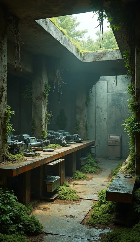 A closed room , Futuristic military arsenal, destroyed, irregular, moss