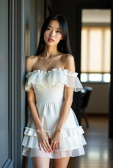 A young woman, likely Asian, with long blackhair, is seen from the mid-thigh up.  She's wearing a white off-the-shoulder mini dress with a ruffled bodice and a tiered, full skirt.  The dress has a fitted waist and flared skirt with a layer of sheer white l...