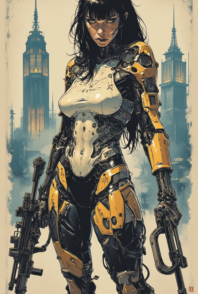             a sexy cyborg woman            . cyberpunk. Cybernetic components. Cyberpunk clothing  . Queue de cheval et frange. huge drooping chest. A very wide neckline. ville dystopique. She is armed with a sniper rifle. She is wearing sexy cybernetic ar...