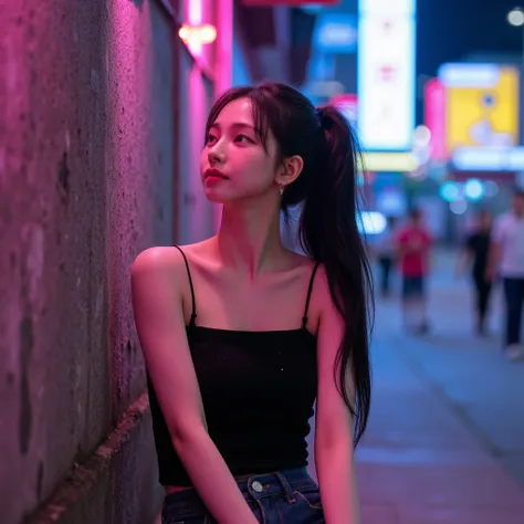 A scene captured with the charm of a film camera. The image should have a distinct film grain texture, giving it an authentic, old-school feel. film photography of beautiful petite Asian young woman with long, slightly messy black hair tied in a loose pony...