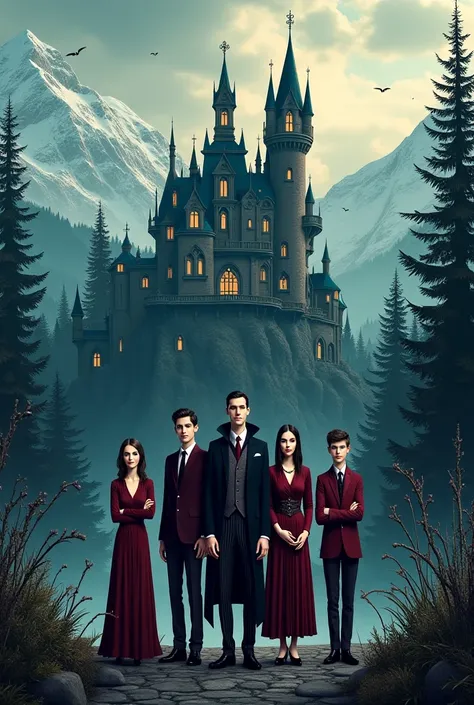 Addams family stylized in an Alpine context in front of a Horro villa