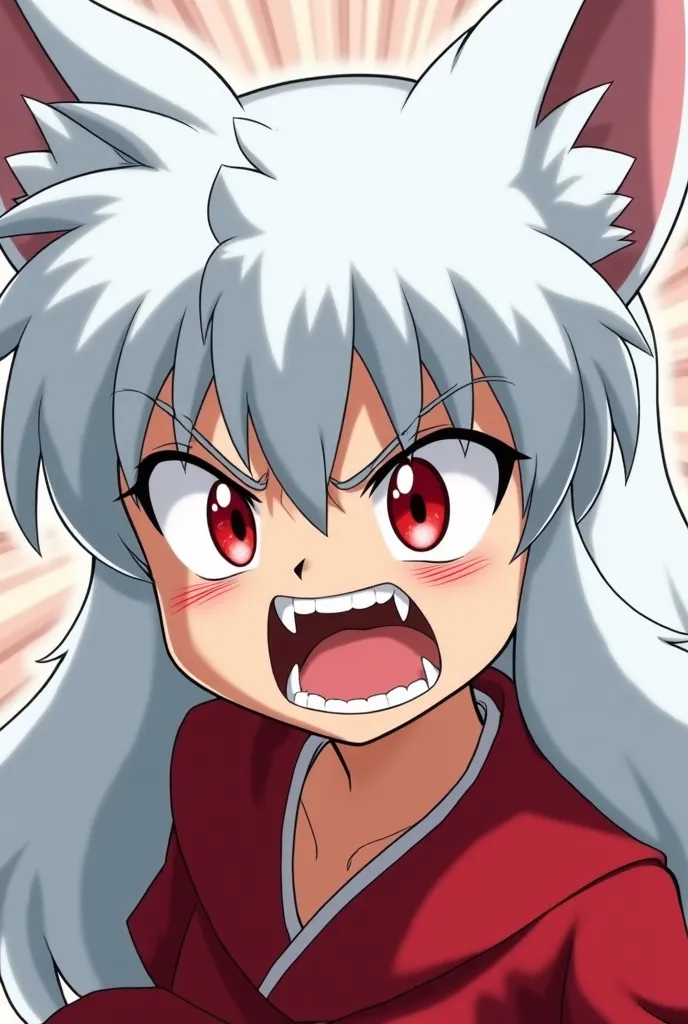 Boy Chibi Inuyasha White Hair ,  red eyes,  fox ears ,  was angry ,   Yelling  