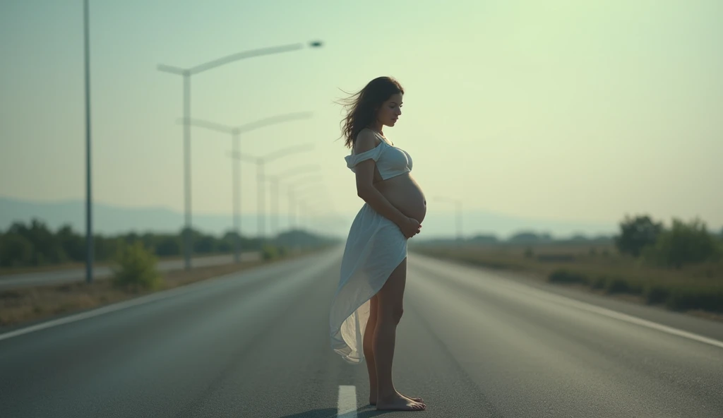 beautiful woman 30 years pregnant at 9 months standing on the highway herself confused in Croatia real photo