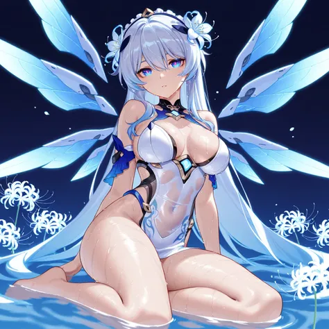 Honkai Impact 3、Kiana、best image quality、 best thighs、Beautiful breasts、wet body、Galaxy eyes、Machine Wings、sea hair、So that the whole thing is reflected、 flower headdress with death spots 、Blue spider lily