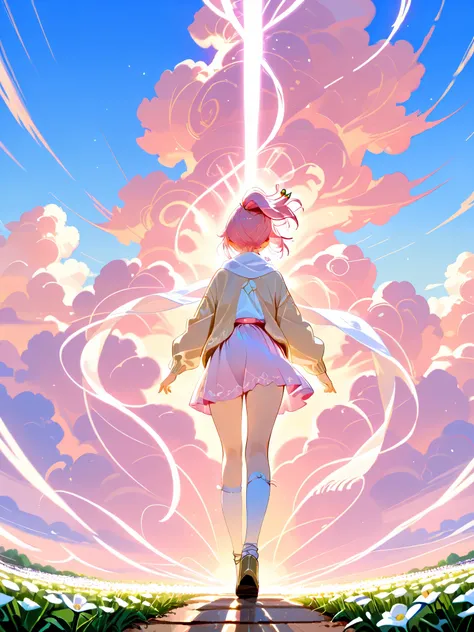 walking as if flying in the wind, hair and clothes flowing dramatically, lightly fluttering scarf, soft ponytail, small flower hairpin, flowing white shirt, light pink flare skirt, beige cardigan, white high socks, white lace-up shoes,  joyful, free-spirit...