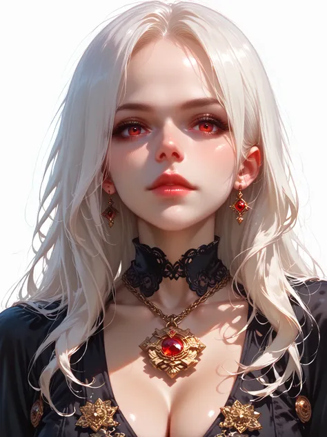 Realistic Portrait, Elegant mature woman (1 female), with deep red eyes, white hair, long hair, ruby amulet, focus on the face, close-up shot, cleavage, gothic black dress, portrait, one girl, white hair, red eyes, disqusted face front view, only upper bod...