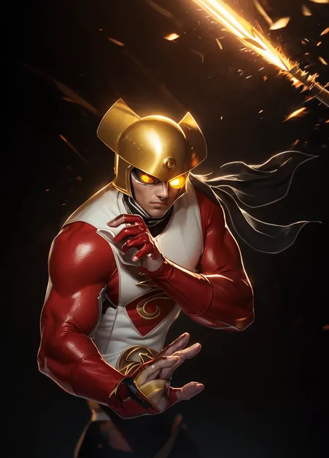 A futuristic warrior with a muscular build, wearing a red and white armored bodysuit. He has a red helmet with a central golden gem, glowing yellow eyes, and a white flowing scarf. His pose is dynamic, with one hand raised in a martial arts stance. The sui...