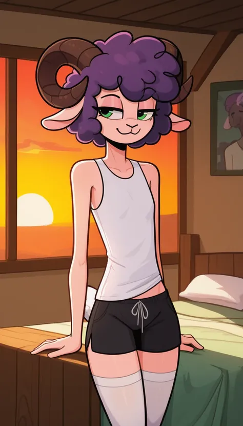 tired facial expression,   anthro, woolry, wool, fluffy wool, (ram-guy ), sheep horns, flat chest, green eyes, purple hair,  pigtail hair ,  (19 years old), hips, white short tail, One, ( bedroom), Sunset,  details, white shirt ( sleeveless shirt), black s...