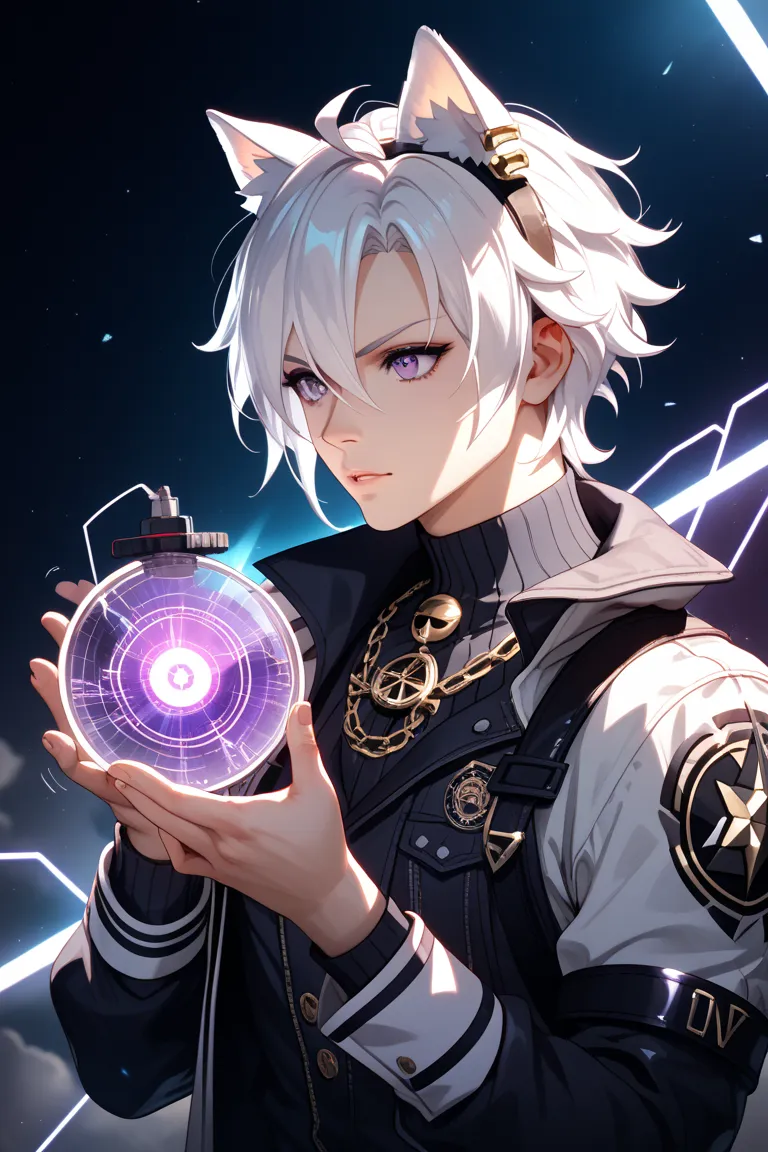 1 boy, Seth Lowell, Zenless Zone Zero, white hair, purple eyes,  electrical, cat ears, hair between eyes