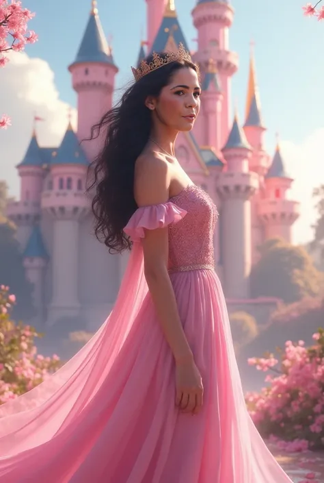 Beautiful queen in a pink dress with black hair in front of a pink castle 