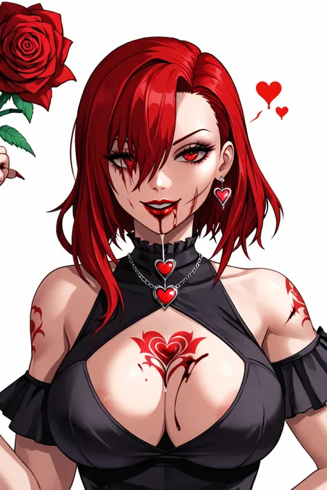 A girl with red eyes, long scarlet hair, she has a red rose in her hair. She is wearing a very sexy cut black dress. She has a very intense look, a sadistic smile, blood red lipstick. She has very big breasts. She has a red rose tattoo on her chest. She ha...