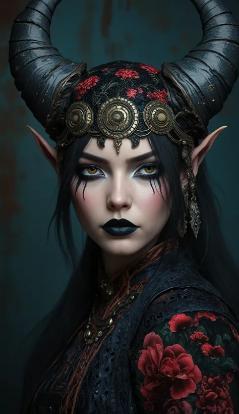 A surprisingly full-length portrait, wide shotof a beautiful young european woman is adorned with large, hazel eyes, slate grey horns with gold ornements that sweep majestically from her head, contrasting with her flawless, porcelain skin with intricate fa...