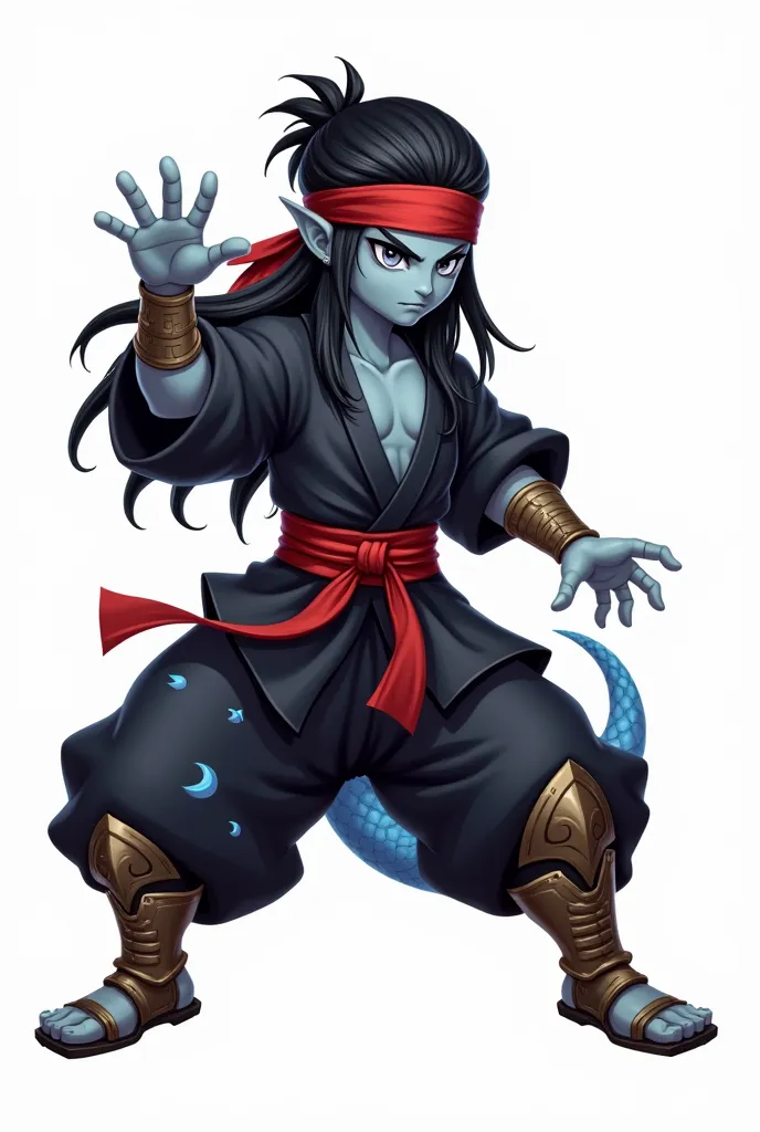 A RPG Miniature style dark fantasy character, the character has gray skin, long black hair, and silver blue scales scattered across his body, wearing a red headband. His eyes are bright silver with slit snake-like pupils. He is dressed in flowing black mar...