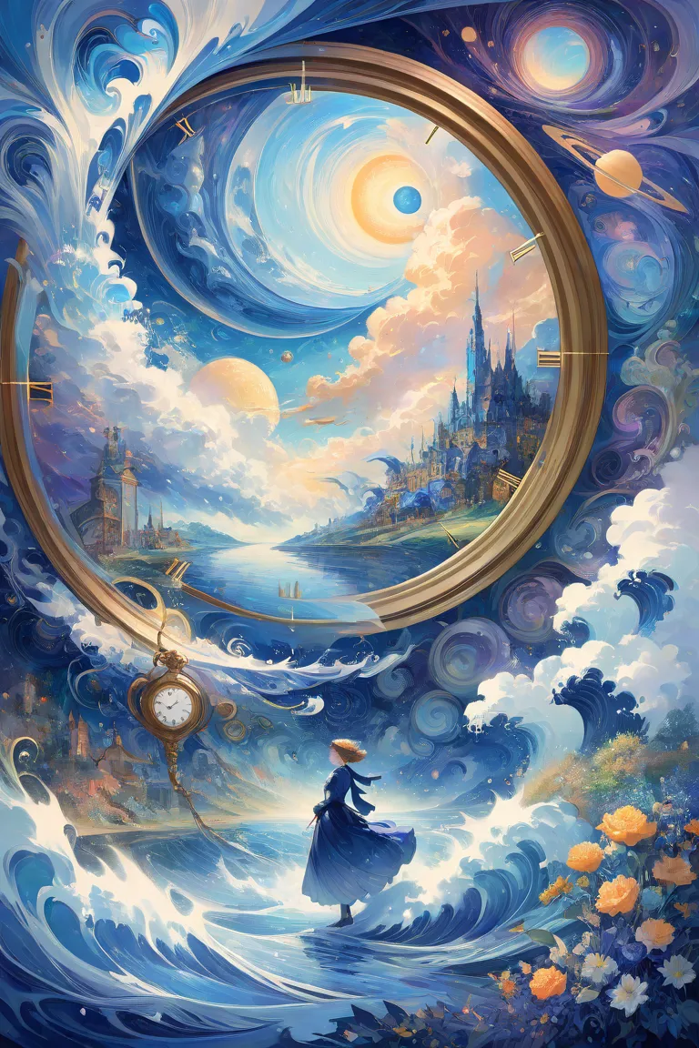 A surreal dreamscape rendered in Chrono-Impressionist Temporal Flux, where multiple time periods blend and shift. Use dreamy blue and subconscious indigo to represent different eras, creating a dynamic, time-bending composition.

--ar 3:2