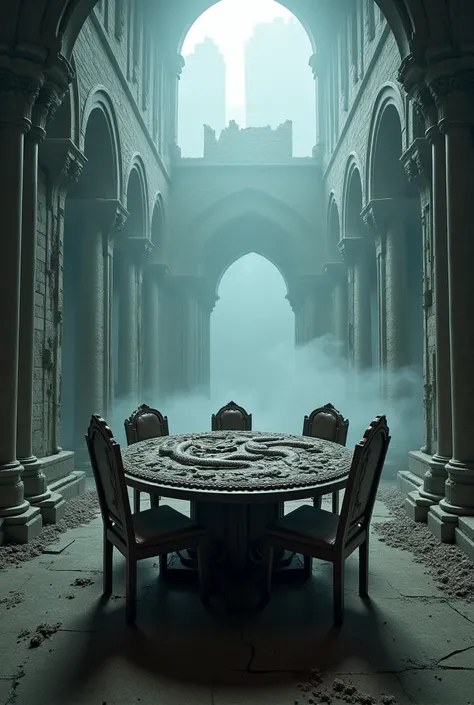 ruins of a palace room in the middle of the mists with broken Gothic arcades, and a table for 4 wooden chairs with a dragon carved all around it so that the syrup touches the mouth, closing the circumference