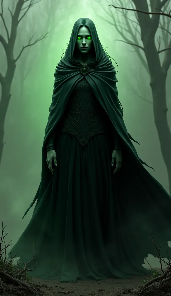 Dangerous and haunting Witch full body with green sparkling eyes and a black coat 