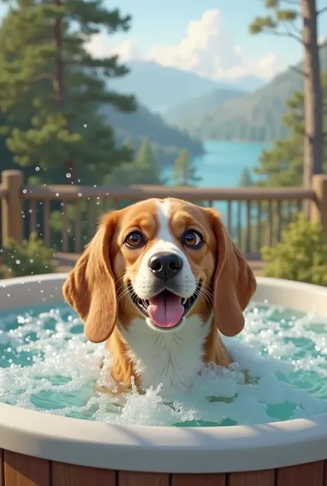 beagle in jacuzzi in mountain