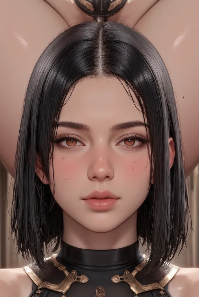 ８ｋ, realistic skin texture 、 super realism 、 realistic images 、 A Japanese Android,sexy, Female with censual body black hair, pretty woman with sweat on her face 、 curvy body  、 very bright, design robusto、  steampunk、unit identification number and paintin...