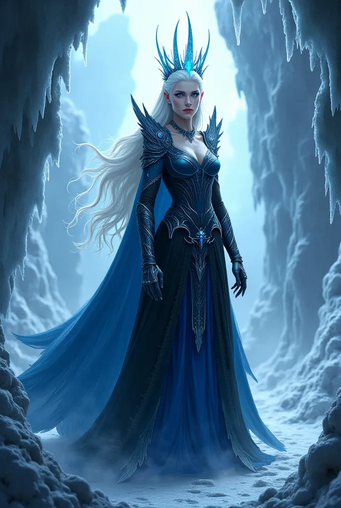 Realistic digital illustration of the Snow Queen in the Underworld, with white hair and blue eyes, with a serious gesture.  Dressed in blue and black clothes, with a crown of ice on her head 