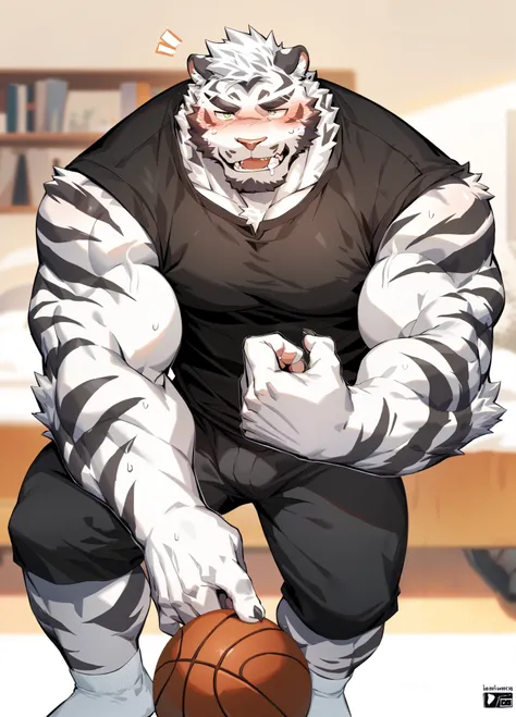 furry,White Tiger Orc,A tall man, Strong 、 furry man,black tight vest,Basketball Pants, long white socks,Adult ,bedroom,   detailed, highly   detailed眼睛, Strong muscles ,Blurred eyes,Drooling,  sweating,blush,state of hypnosis,The crotch has a large protru...