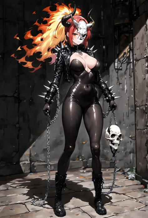 score_9, score_8_up, score_7_up, rating_safe, anime style, 1girl, full body, solo. Young beautiful face, fit body, ((long flaming hair)), (Big breast), (round breasts:1.5), black jacket with spikes, ((black bodysuit)) cover all body, high boots, black leat...