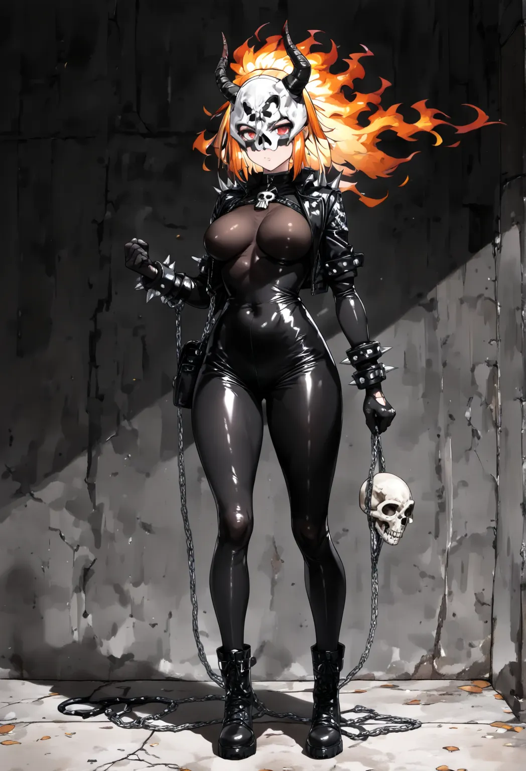 score_9, score_8_up, score_7_up, rating_safe, anime style, 1girl, full body, solo. Young beautiful face, fit body, ((long flaming hair)), (Big breast), (round breasts:1.5), black jacket with spikes, ((black bodysuit)) cover all body, high boots, black leat...