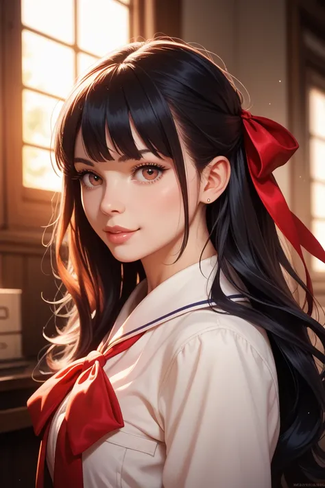 black long haired high school girl red ribbon red trademark