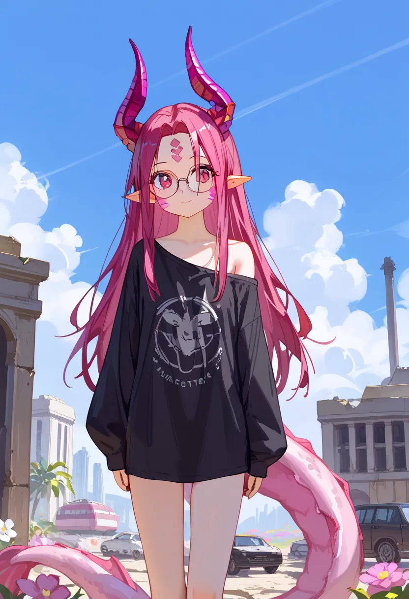 1girl, solo, long hair, magenta hair, parted bangs, short bangs, forehead, neon pink eyes, dragon girl, golden dragon horns, dragon tail, pink dragon tail, pointy ears, magenta scales on cheek, wearing a black shirt, oversized black shirt, bare shoulder, b...