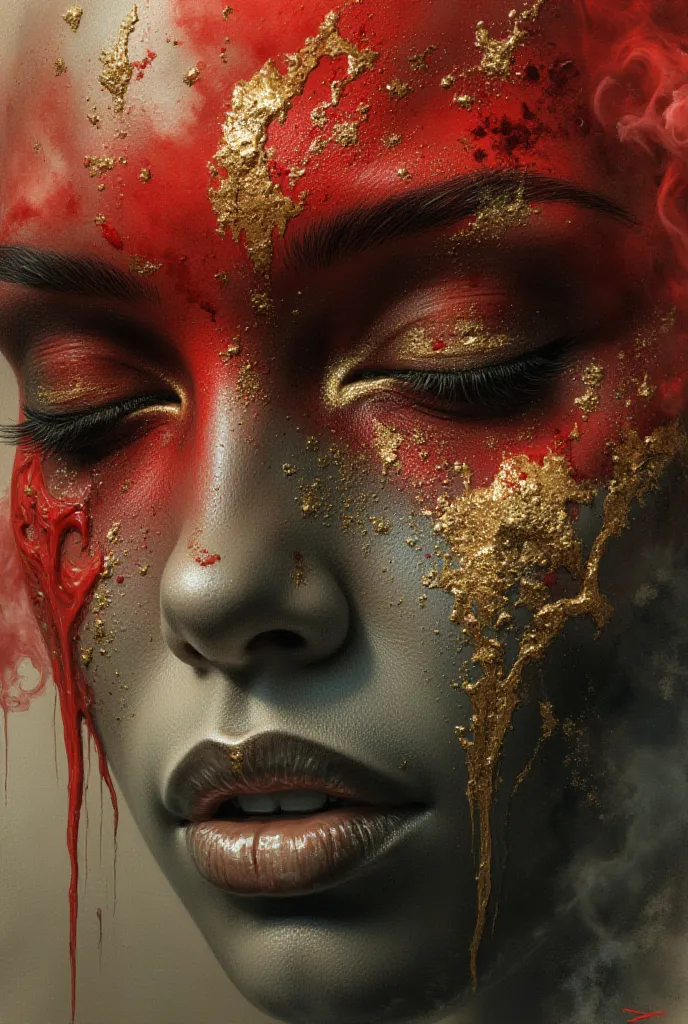 photorealistic, hyper detailed female face of smoke and black, red, and gold color. Added in a style reference, a composition reference, Hyper realistic, splash images, splattering, Fauvism, Geometric, Marble. 