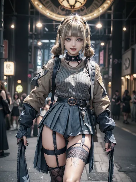 ( full body view:1.2)、( front view:1.1)、(Smiles Gently)、(show my teeth and laugh:1.3),(Shibuya Gal:1.5)、(Beautiful whore:1.4)、(Goth Fashion:1.5)、( punk rock visual:1.3)、( futuristic jumper with metallic gray and khaki color and denim embellishments:1.5)、(A...