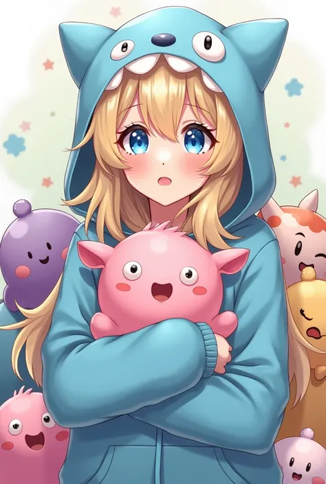 Create a realistic anime-style illustration of a woman with long, wavy blonde hair and bright blue eyes, wearing an oversized hoodie designed like a blue monster with mismatched eyes and playful features. She hugs a pink stuffed creature with a similar qui...