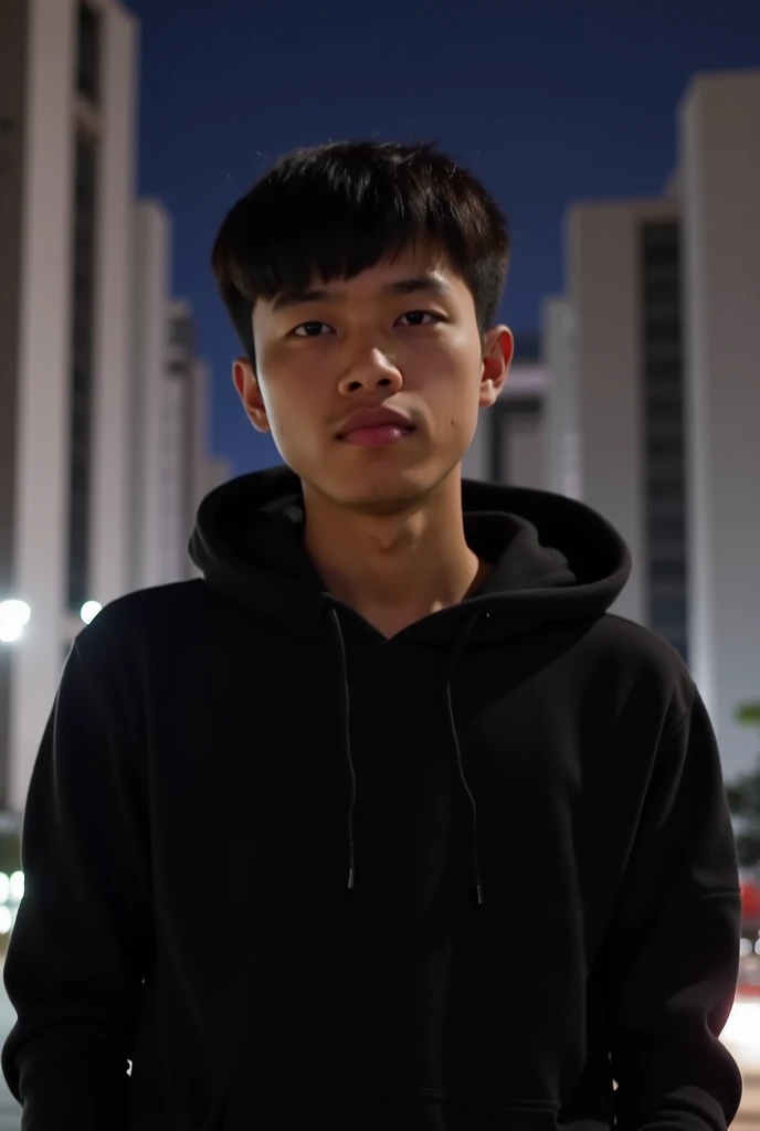 a  old Indonesian young man with a medium build of 163 cm, wearing a black hoodie and wearing black jeans with brown Nike shoes against the background of buildings at night with the beautiful street lights of the city of Jakarta