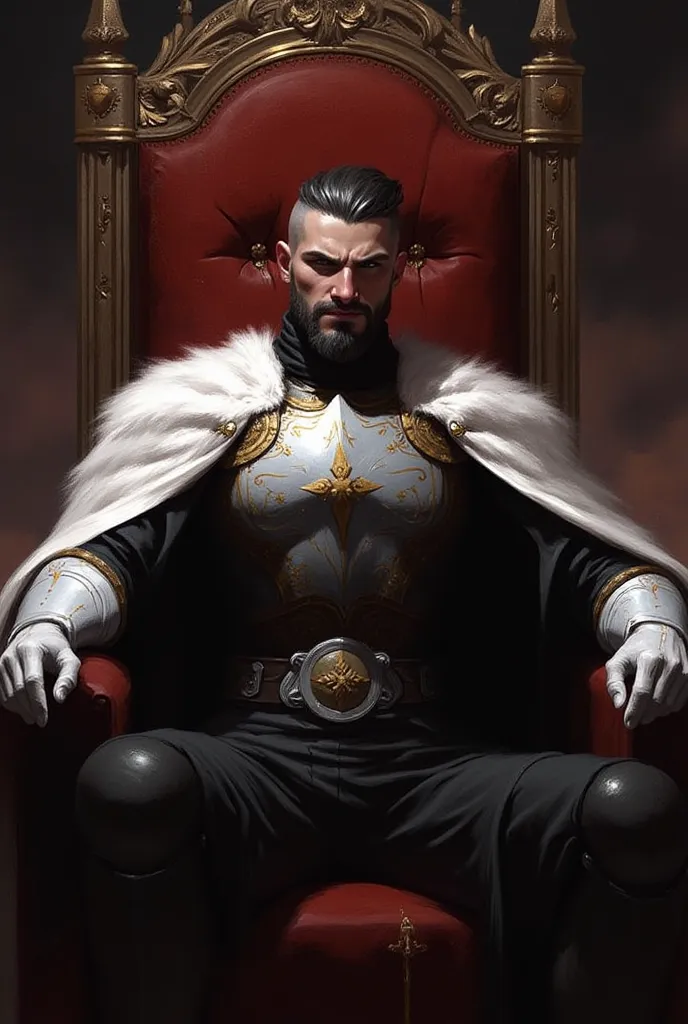 White male, slicked back black short hair cut with grey sides,cured black trimmed beard, black imperial robe tunic, white armor chestplate and shoulder pads with gold lined details, white cape,smirking,sitting on a advanced hitech throne