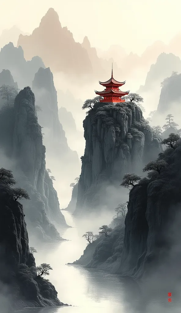 Fluid mountains and rivers in ink-black hues, a red pavilion perched atop the peak, a work in the new Chinese fine brush painting style, with smooth brushstroke lines, extensive blank spaces, an artistic piece with a Zen-like atmosphere, balanced compositi...