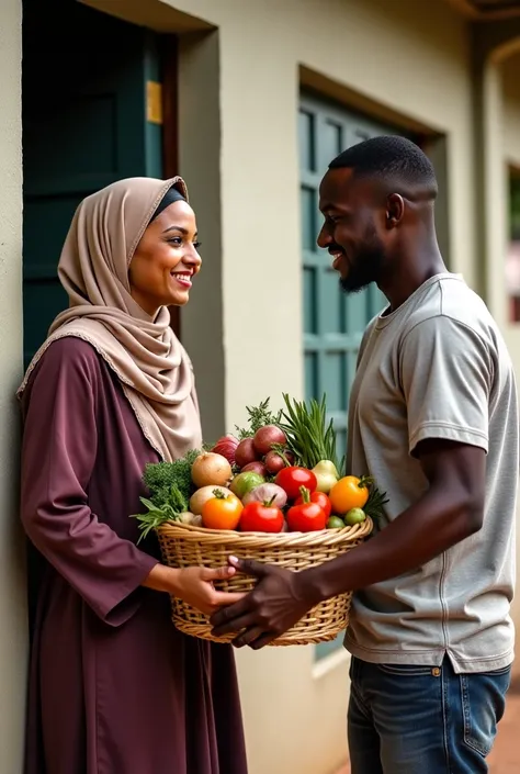 A beautiful real Muslim African woman receiving potatoes, oignons, tomates, Very real peppers and fruits in a basket from a young real delivery man in front of his door . 