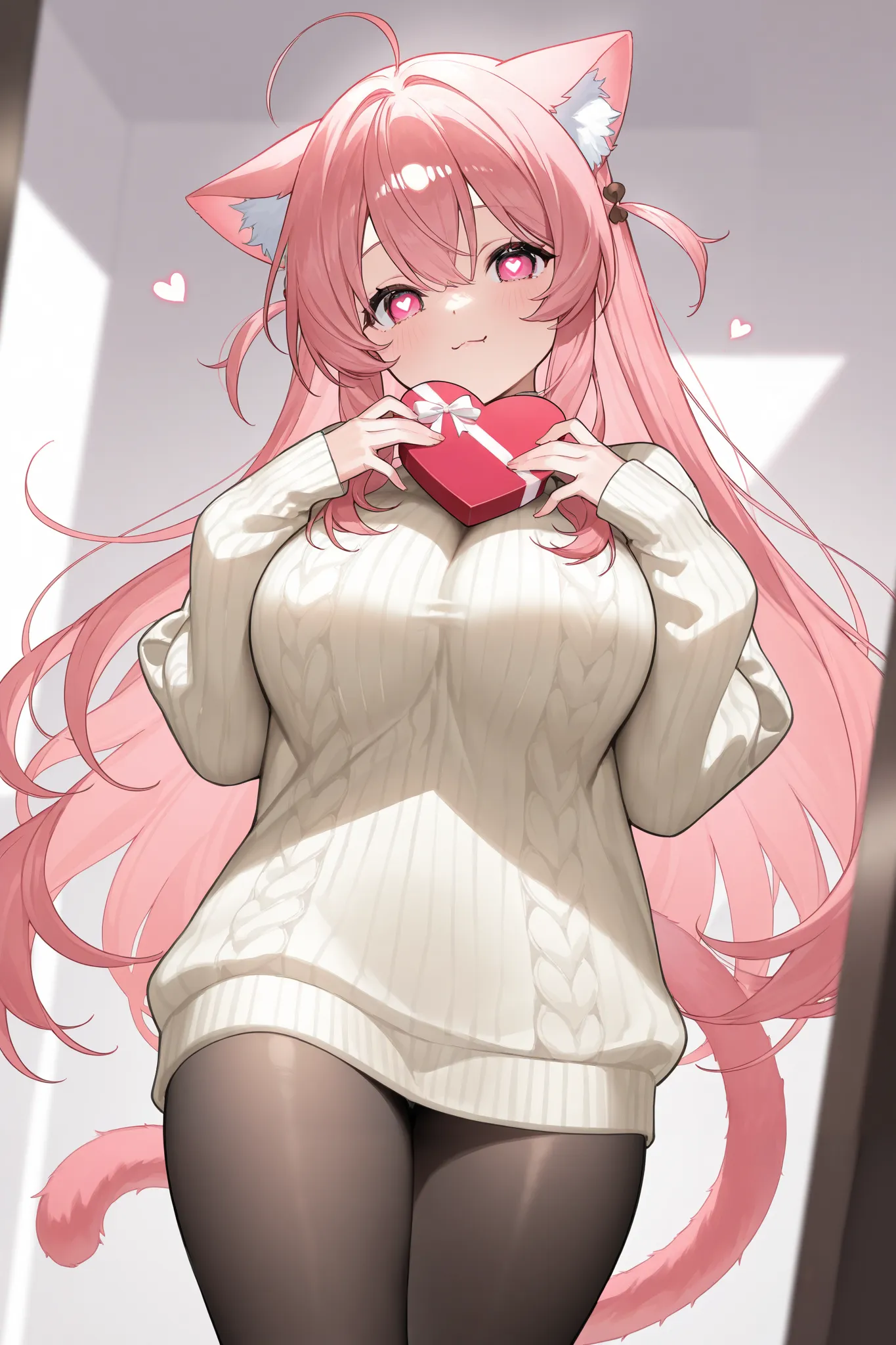 、   best thighs、  beautiful skin、High Resolution、  Sweater clothes 、 pink hair、salmon pink eyes、  black tights、cat tail、Beautiful breasts、E Cup、 Valentine、 Heart Eyes 、 illustrations、 popup