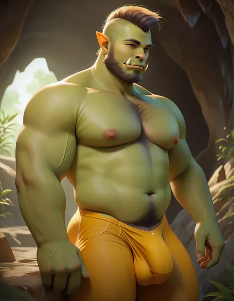 (best quality, detailed facial features,4k, 8k, high resolution, masterpiece: 1.4) muscle green orc, bearded, big bulge, very hairy chest, flex arm, mohawk, shirtless, stocky,  in a cave, ((erect dick))