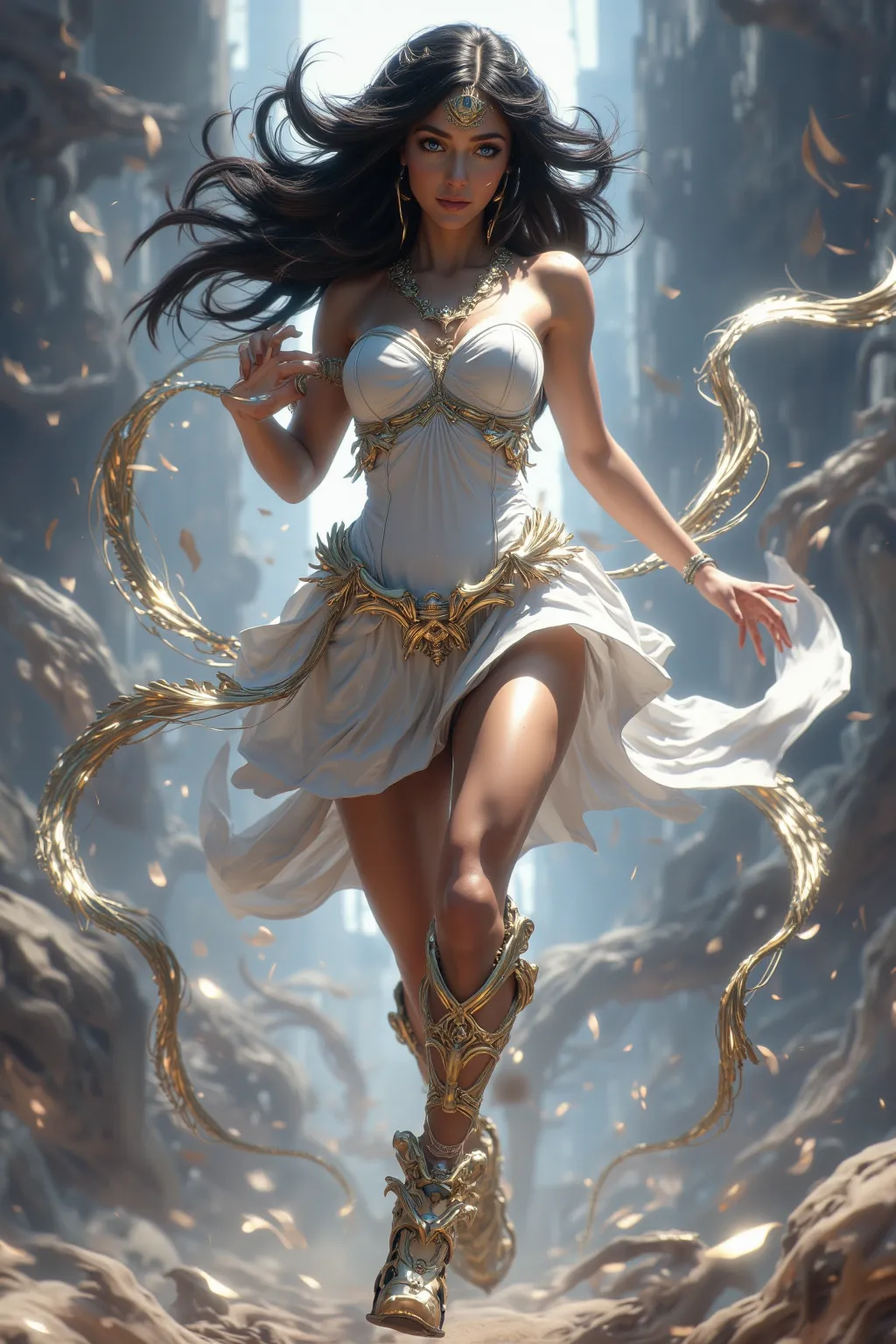 Beautiful goddess, Hermes, with black hair, bright blue eyes, small breasts, and long legs. Wearing a body clinging toga with gold straps. On her feet are winged shoes that let her walk on the winds. Posed in the middle of a wide running stride, with a bac...